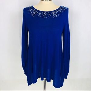 Sweater light weight Jeweled crewneck Royal Blue Long Sleeve Ruby Rd S 34x25